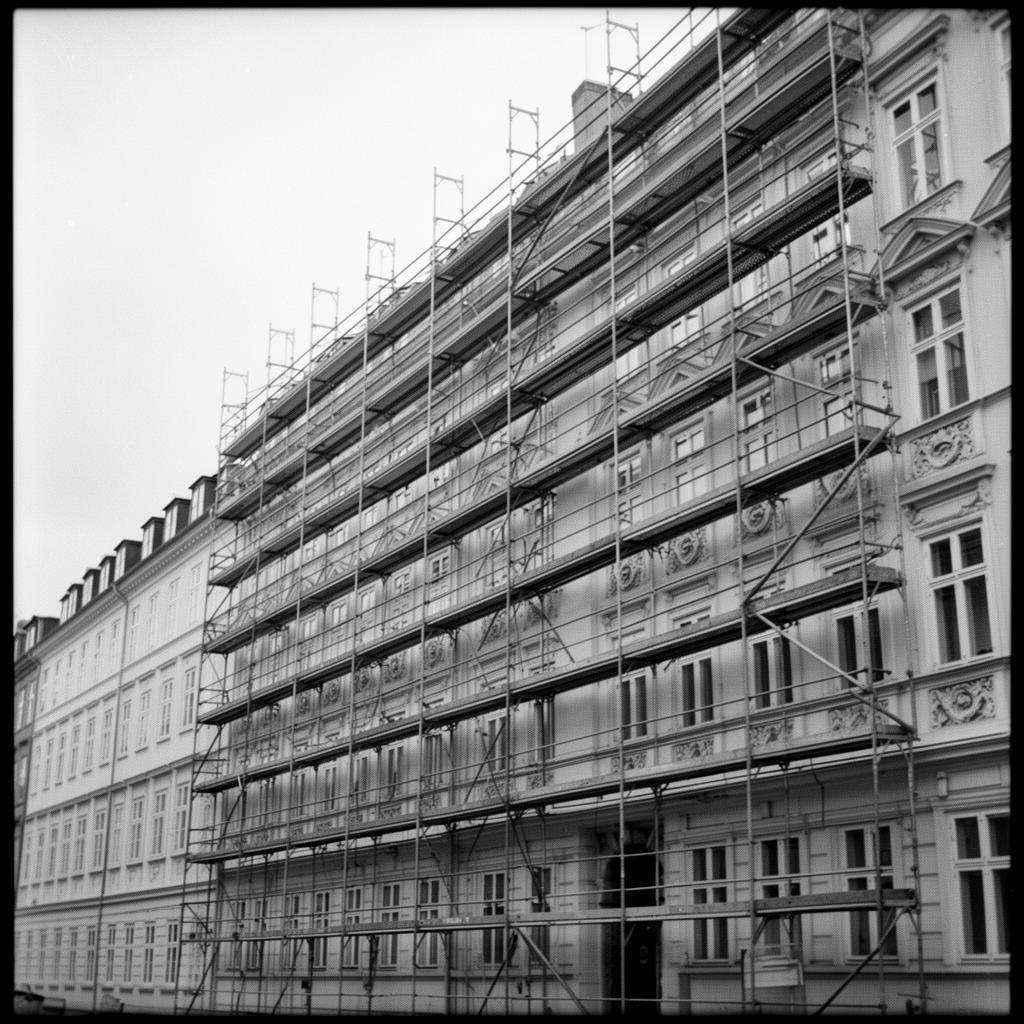 Facaderenovering på københavnsk karré med stillads — murerfirma Casa Concept