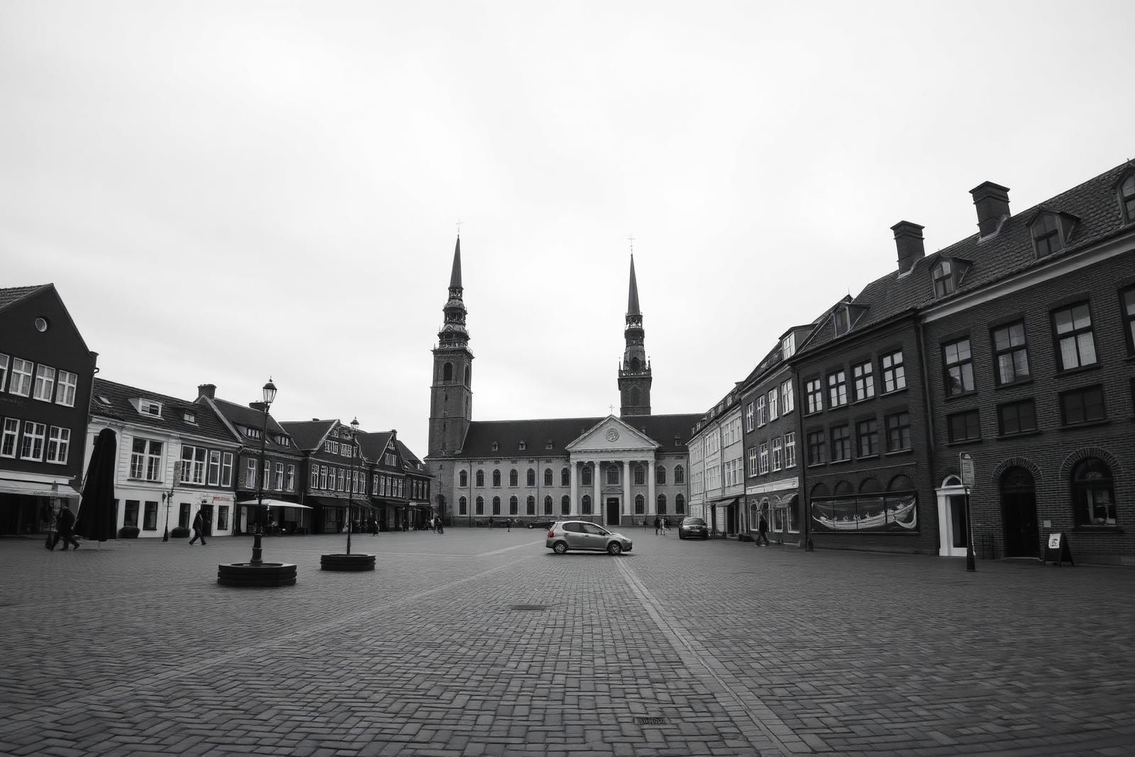Stændertorvet i Roskilde med Domkirkens spir - vi udfører murerarbejde på de historiske facader i bymidten